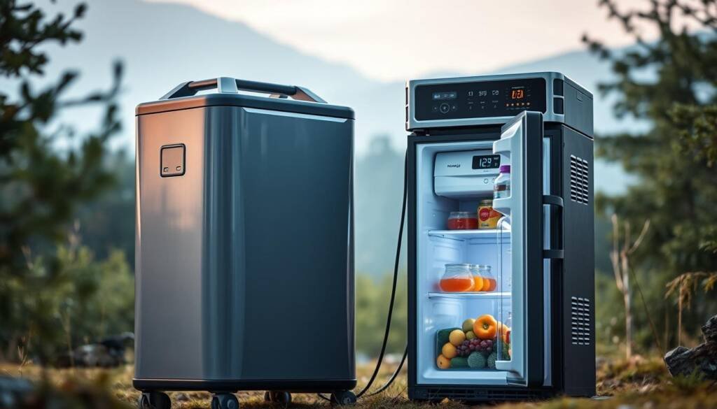 Portable power station running a refrigerator during outdoor adventures