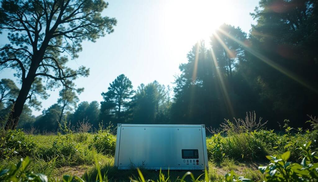 A high-resolution, crisp photograph of a modern off-grid solar generator in a serene, natural setting. The generator is prominently displayed in the center, its sleek, silver frame gleaming under a bright, warm sun. The generator is surrounded by lush greenery, with towering trees in the background casting a gentle, blue-hued light across the scene. The overall atmosphere is one of tranquility and self-sufficiency, highlighting the versatility and reliability of this solar power solution for off-grid living.