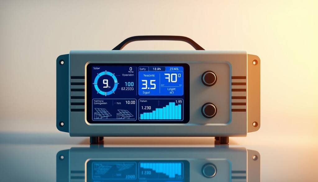 A high-resolution photograph of a sleek, modern solar generator dashboard displaying real-time performance metrics. The display shows a vibrant blue-hued digital interface with clean, minimalist design, displaying solar energy output, battery charge levels, and system status in crisp, easy-to-read graphics. The generator is positioned on a reflective surface, creating a sense of depth and balance. The lighting is soft and directional, accentuating the contemporary aesthetic. The overall scene conveys a sense of efficiency, technology, and renewable energy prowess.
