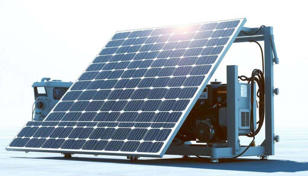 A large, modern solar generator stands prominently in the foreground, its sleek, metallic panels shimmering under a bright, natural light. In the background, a traditional gasoline-powered generator sits quietly, its bulky frame and dull grey color in stark contrast. The scene is bathed in a cool, blue hue, creating a sense of technological sophistication. The high-resolution photograph captures every detail, from the intricate circuitry of the solar generator to the rugged design of its counterpart. The overall composition emphasizes the visual and functional differences between these two power sources, inviting the viewer to consider the advantages of sustainable, renewable energy.