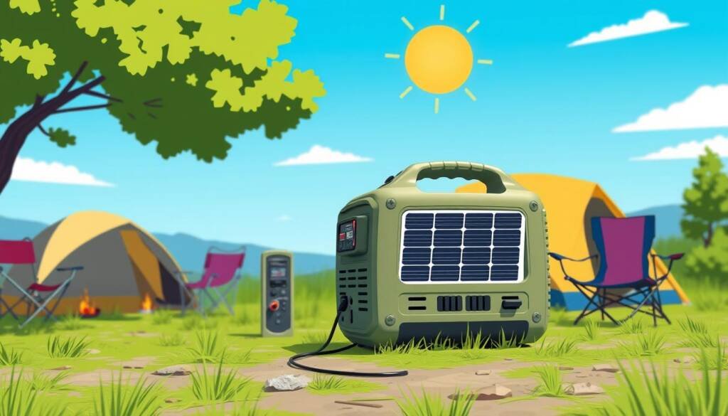 Image of a portable solar generator being used for camping