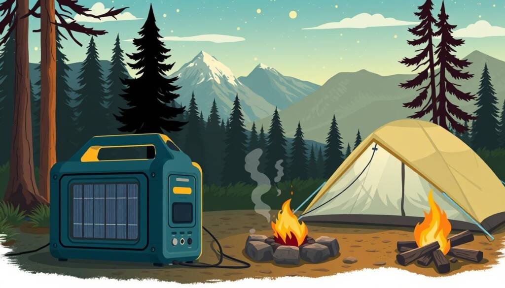 Image of a portable solar generator being used in a camping setting