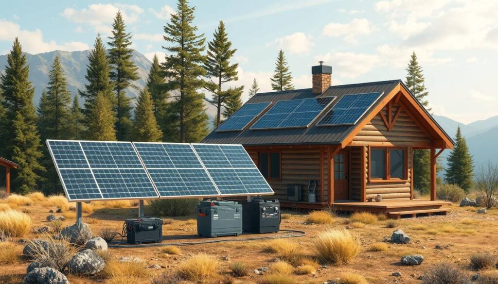 Image of an off-grid solar generator system powering a remote home