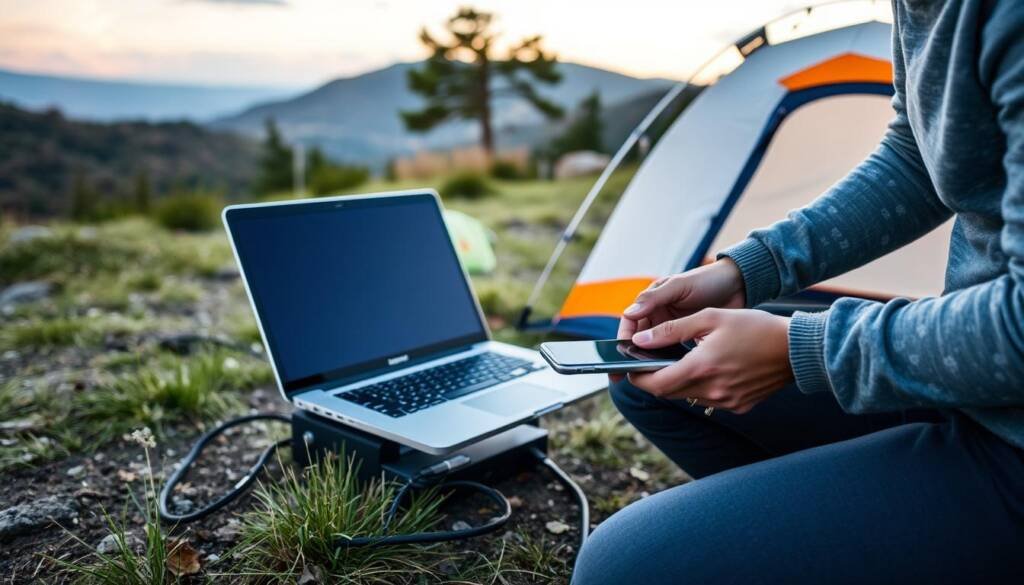 Person using a portable power station to charge devices while camping outdoors in 2025
